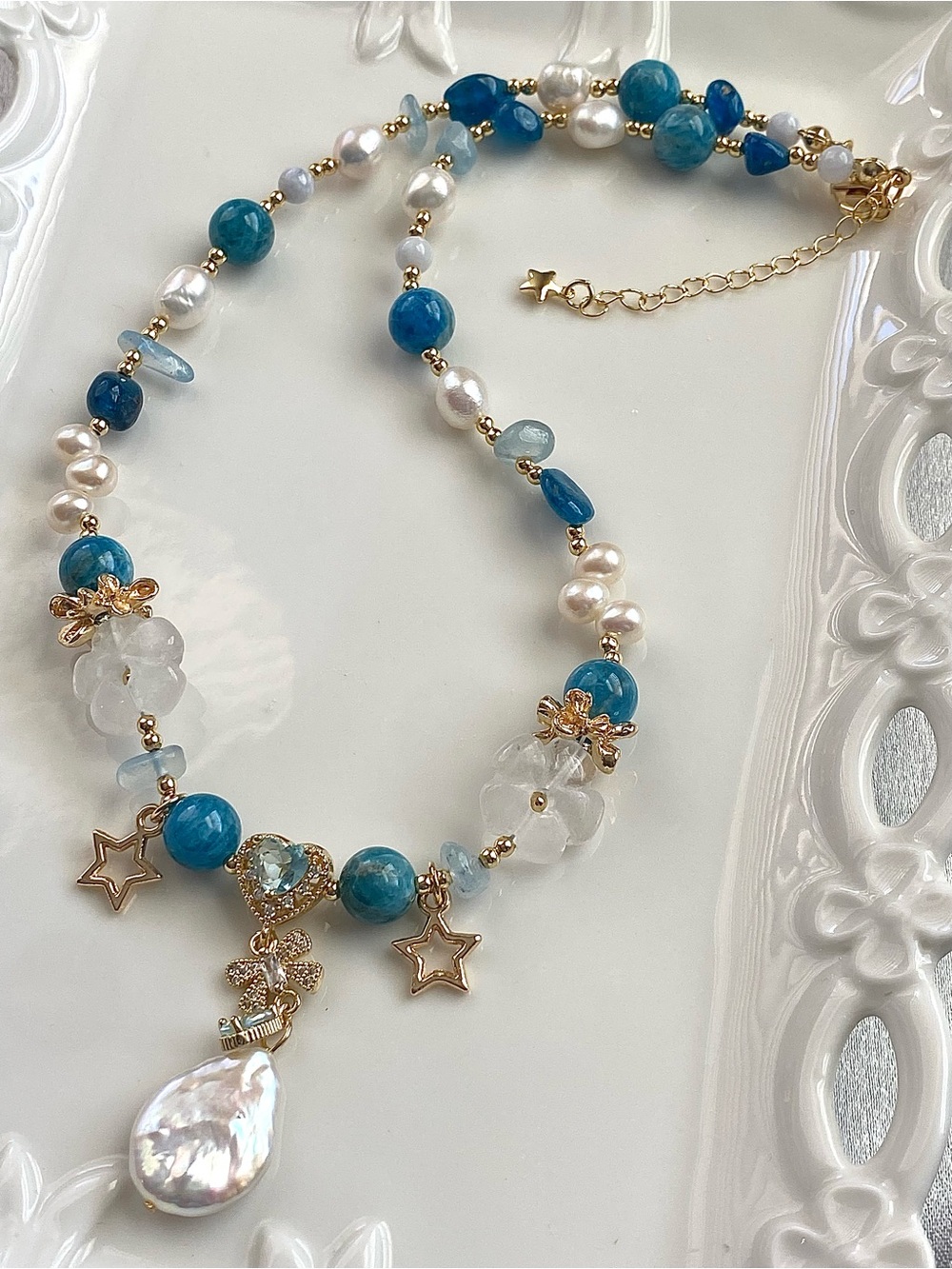 GP71-Handcrafted Apatite And freshwater Pearl Necklace - Picture 9 of 9